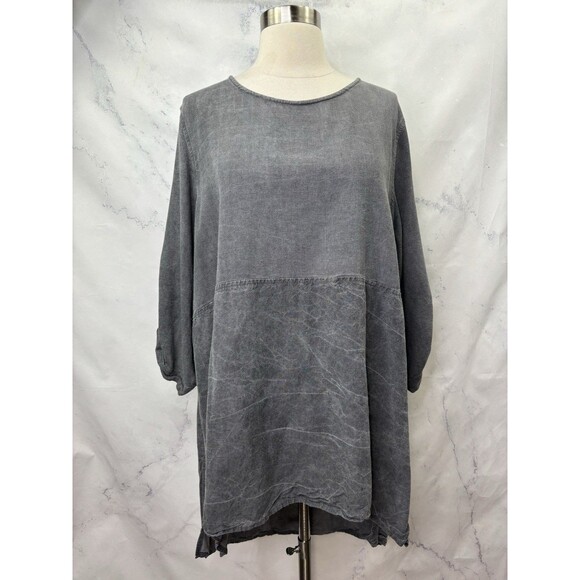 Caroline Rose Tunic Blouse Women 1X Gray Linen Relaxed Lagenlook Hi Low Boho - Picture 4 of 16